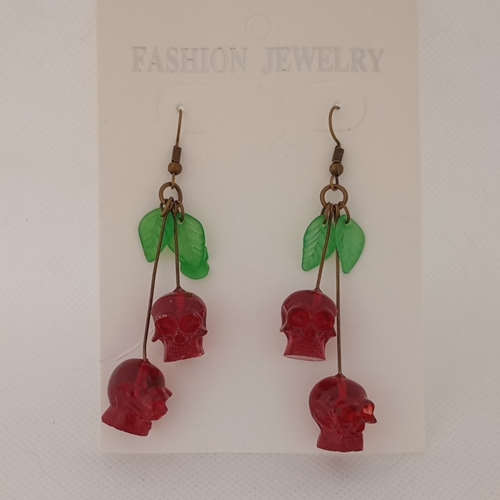 Hand Crafted Red Skull Earrings with Green Leaves Halloween Gothic Fun One Size